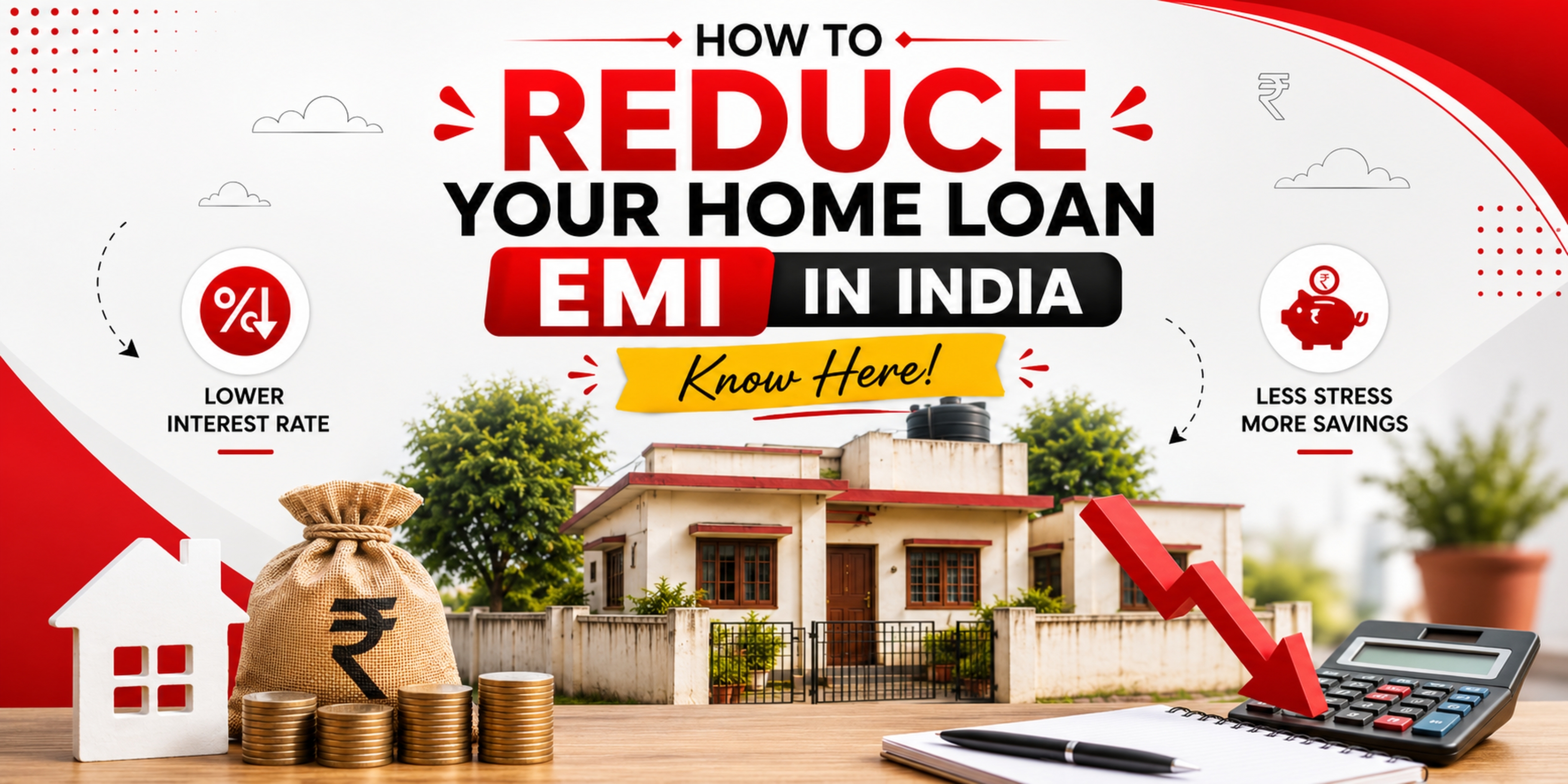 An infographic-style illustration of a house with financial icons highlighting lower EMI, interest savings