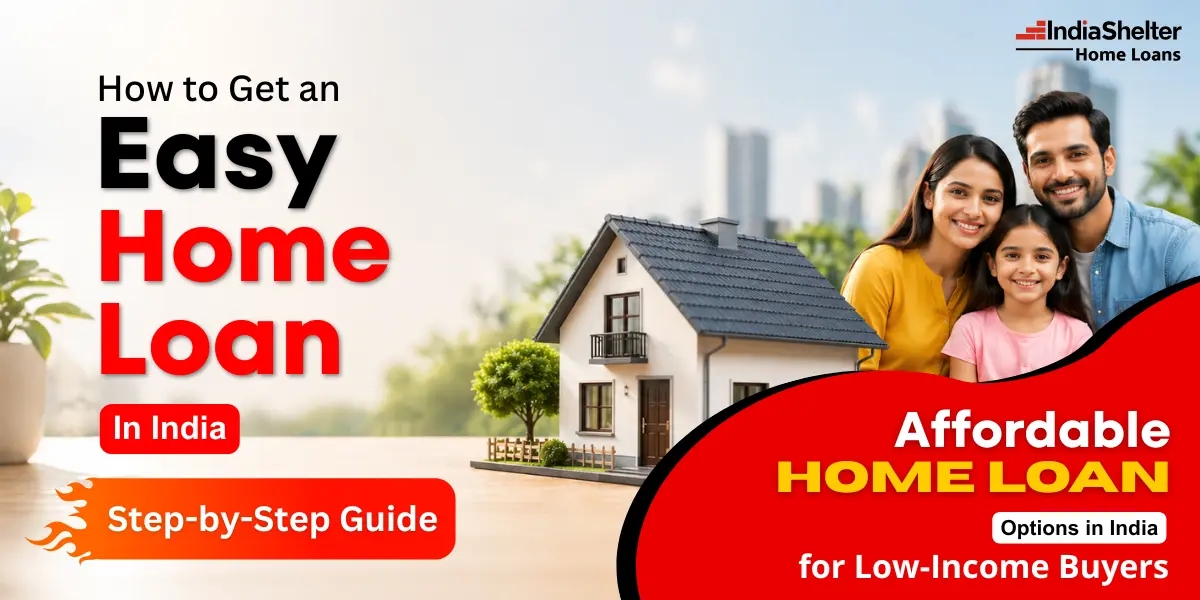A happy family standing outside their new home with home loan documents